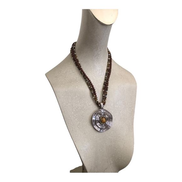 Vintage Premier Designs Eye Tiger Silver Tone Brown Beaded Medallion Necklace - Picture 2 of 10